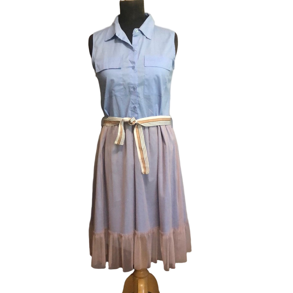 NEW Sleeveless Blue and Cream/Pink Dress with Belt, Size Large